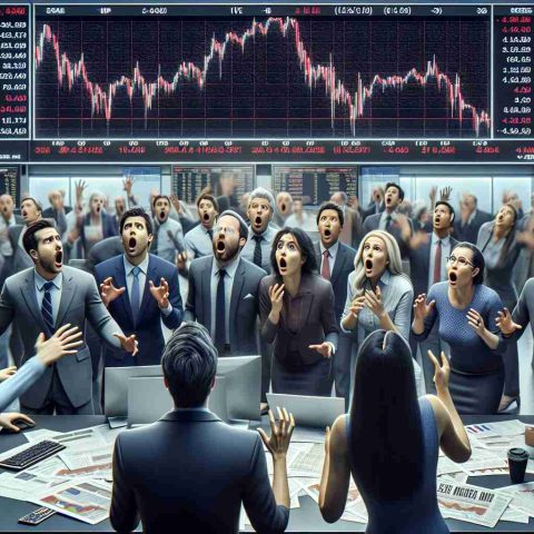 An image depicting a realistic high-definition representation of stock market plunge. The scene involves a group of diverse investors, standing aghast and stunned in a stock exchange floor, their eyes glued onto the electronic stock ticker showing a significant drop in a particular stock symbol. They appear shocked by the sudden drop in performance of an obscure, little-known company. The environment should reflect the intensity and resolution of the situation, with monitors showing charts in red, papers flying around, and people caught in the whirlwind of the moment.