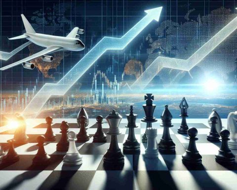 A high-definition image illustrating financial growth and success in the aerospace industry. The image should include a metaphorical element that communicates strategic planning such as a chessboard with pieces set in a winning position. Also depict a stock market graph icon in the background with a sharp upward trend, symbolizing the impressive ascent of this aerospace stock.