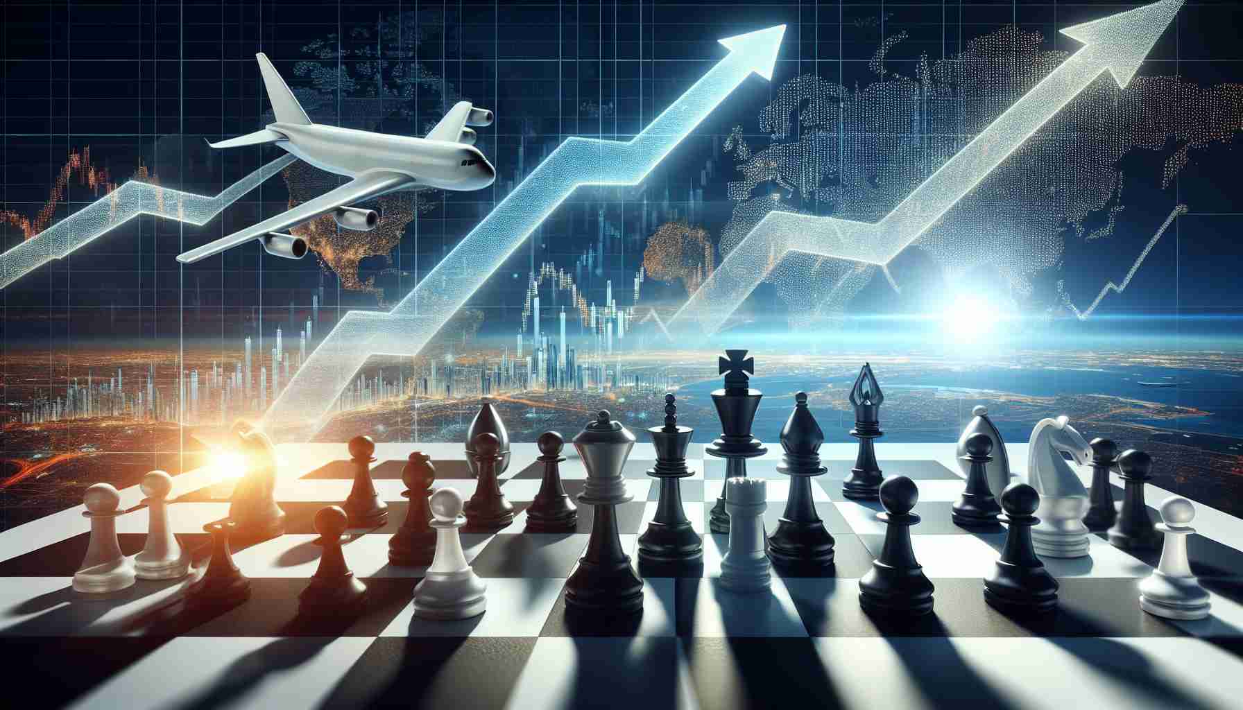 A high-definition image illustrating financial growth and success in the aerospace industry. The image should include a metaphorical element that communicates strategic planning such as a chessboard with pieces set in a winning position. Also depict a stock market graph icon in the background with a sharp upward trend, symbolizing the impressive ascent of this aerospace stock.