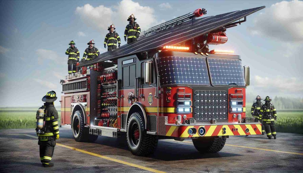 Generate a hyper-realistic, high-definition image of a progressive innovation in the field of firefighting. The central focus should be a fire truck that's entirely solar-powered. The design of the truck is punctuated by an array of solar panels at its top. The vehicle should be painted in vivid red, typical of fire trucks, further adorned with yellow stripes. In the background, a group of firefighters can be seen. Include a Caucasian female firefighter and a Black male firefighter, both fully geared and prepared for an emergency. A sense of urgency and teamwork is palpable.