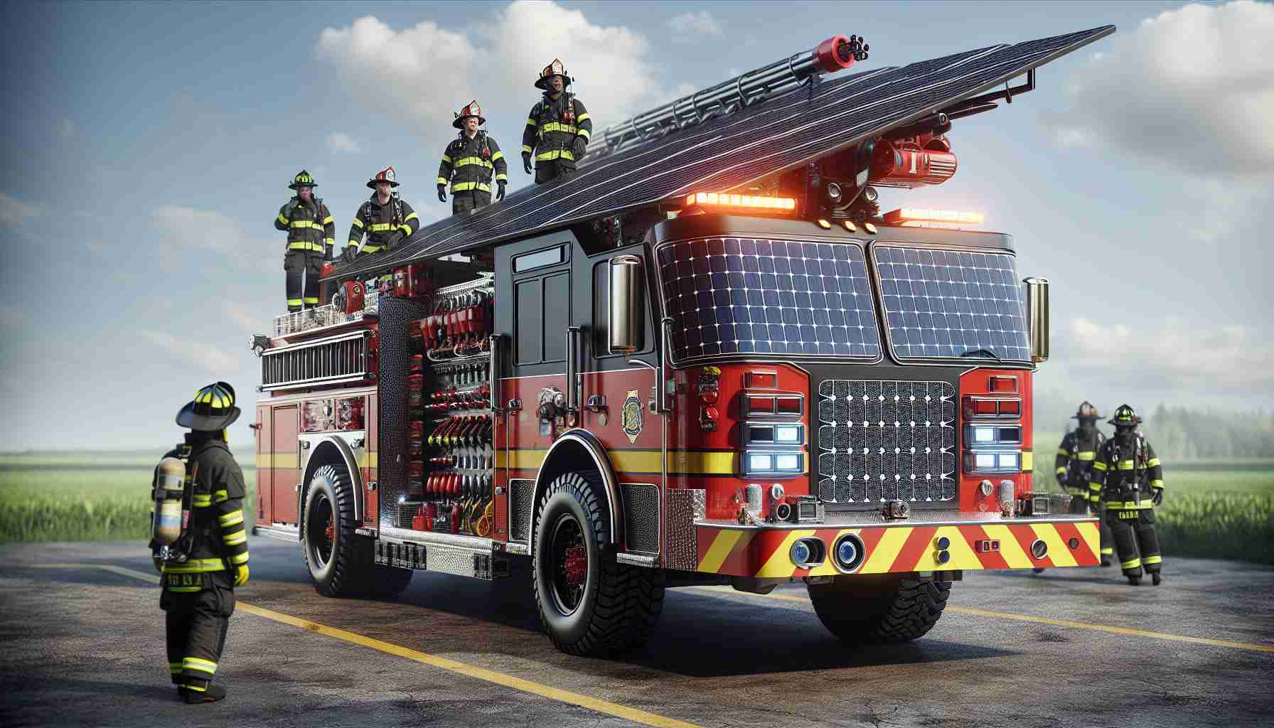 Generate a hyper-realistic, high-definition image of a progressive innovation in the field of firefighting. The central focus should be a fire truck that's entirely solar-powered. The design of the truck is punctuated by an array of solar panels at its top. The vehicle should be painted in vivid red, typical of fire trucks, further adorned with yellow stripes. In the background, a group of firefighters can be seen. Include a Caucasian female firefighter and a Black male firefighter, both fully geared and prepared for an emergency. A sense of urgency and teamwork is palpable.