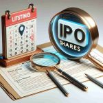 A high-definition, realistic image featuring a large 'IPO Shares' sign and a calendar marking a specific listing day. To its side, stands a magnifying glass hovering over a document briefly explaining what one needs to know about grabbing IPO shares on the listing day.