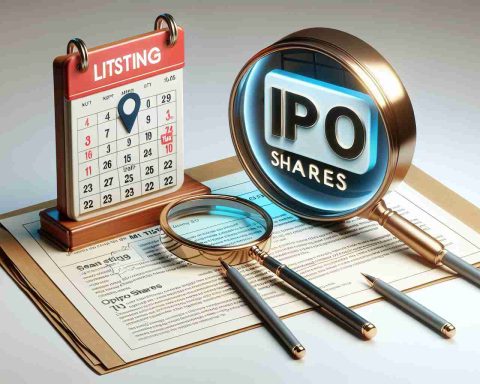 A high-definition, realistic image featuring a large 'IPO Shares' sign and a calendar marking a specific listing day. To its side, stands a magnifying glass hovering over a document briefly explaining what one needs to know about grabbing IPO shares on the listing day.