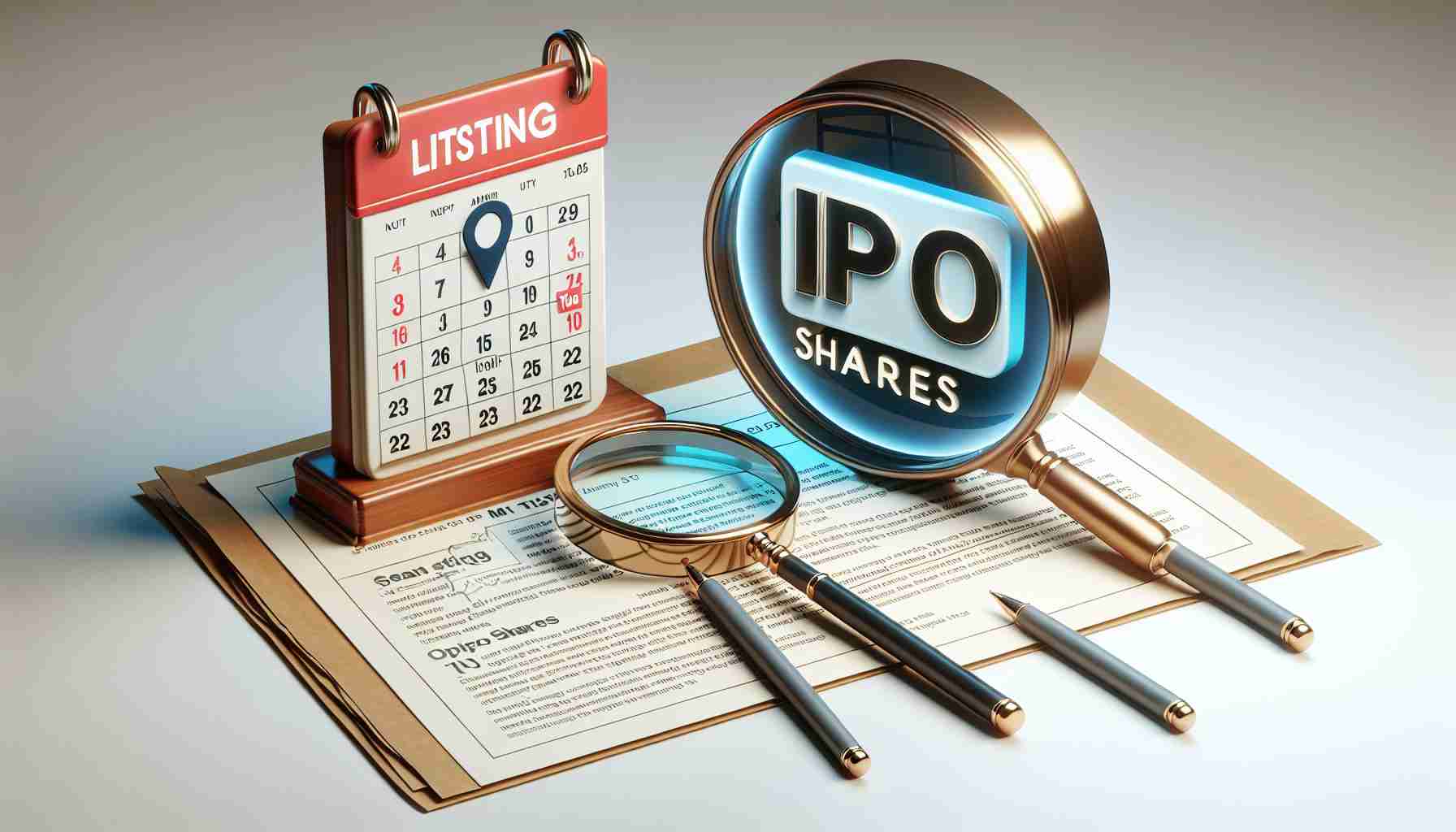 A high-definition, realistic image featuring a large 'IPO Shares' sign and a calendar marking a specific listing day. To its side, stands a magnifying glass hovering over a document briefly explaining what one needs to know about grabbing IPO shares on the listing day.