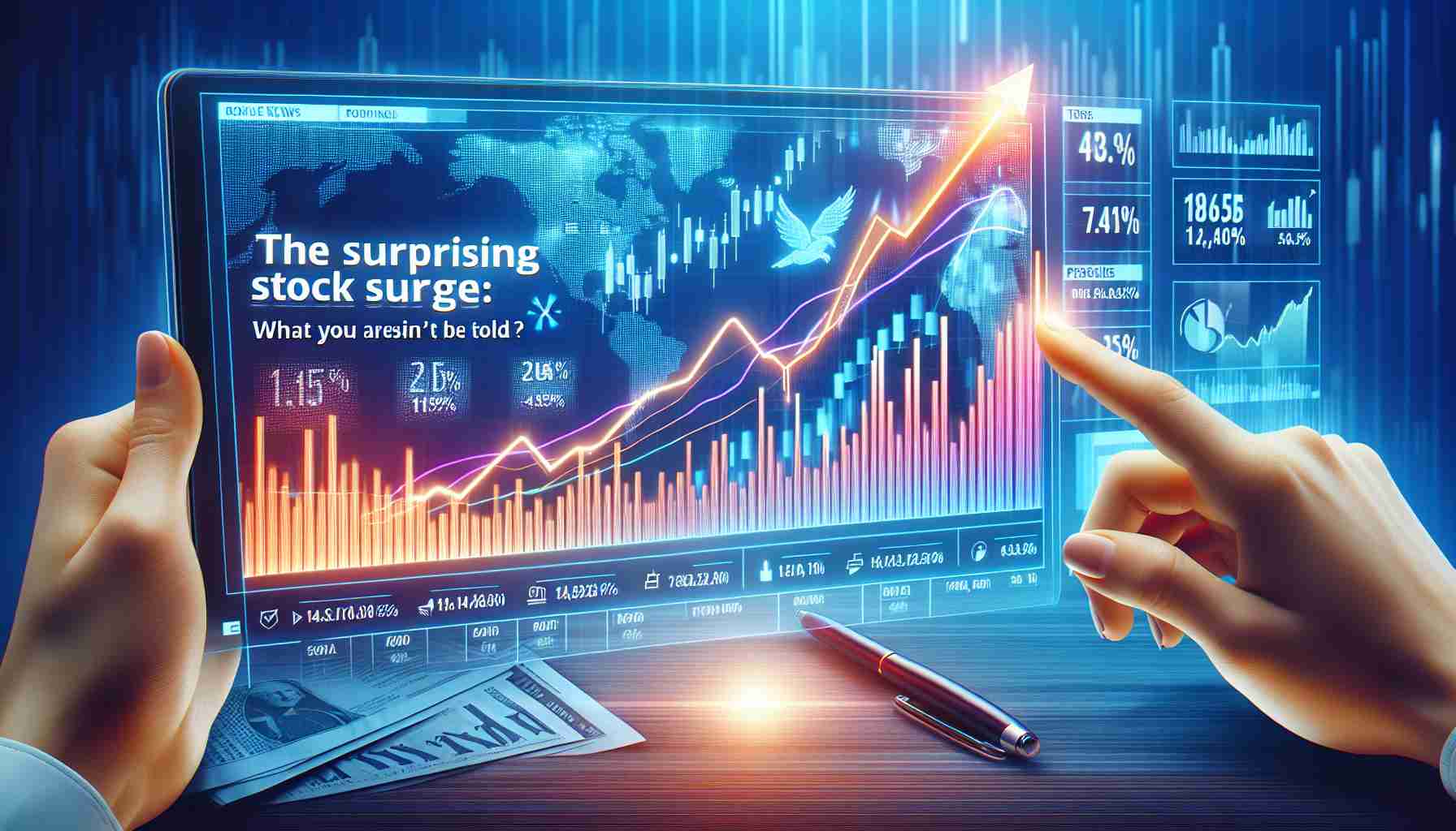 Create an image that presents a realistic high definition illustration of a stock market scenario capturing a surprising surge in prices. Include visual elements like rising graphs, positive percentages and potential news headlines like 'The Surprising Stock Surge: What You Aren't Being Told' to create a sense of intrigue.