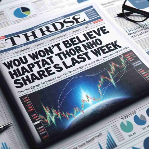 A high-definition, realistic image of a financial newspaper headline reading 'You Won't Believe What Happened to Thor Energy Shares Last Week'. The newspaper should also show some financial charts and graphs as well as other business news in the background.