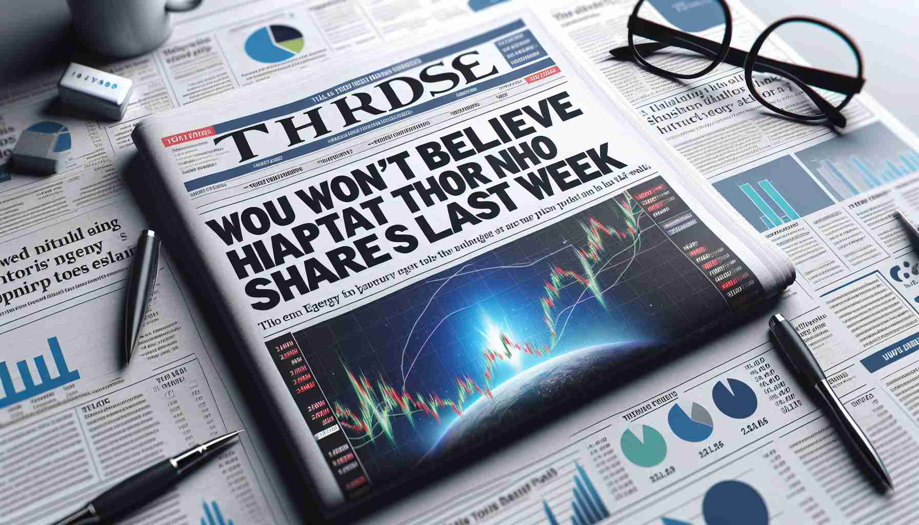 A high-definition, realistic image of a financial newspaper headline reading 'You Won't Believe What Happened to Thor Energy Shares Last Week'. The newspaper should also show some financial charts and graphs as well as other business news in the background.