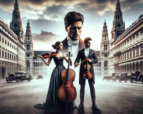 A high-definition, realistic image of an unseen rivalry. Depict a high-stakes scene in a classical cityscape resembling Vienna. Show two individuals who appear as rising stars, each prepared for competition. Perhaps both are musicians, one a Caucasian woman playing a cello, the other a Hispanic man with a violin. They are performing in an outdoor setting, the city's historical architecture in the background. The air is filled with the intensity of their rivalry and the shared passion they have for their craft.