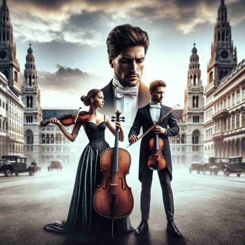 A high-definition, realistic image of an unseen rivalry. Depict a high-stakes scene in a classical cityscape resembling Vienna. Show two individuals who appear as rising stars, each prepared for competition. Perhaps both are musicians, one a Caucasian woman playing a cello, the other a Hispanic man with a violin. They are performing in an outdoor setting, the city's historical architecture in the background. The air is filled with the intensity of their rivalry and the shared passion they have for their craft.