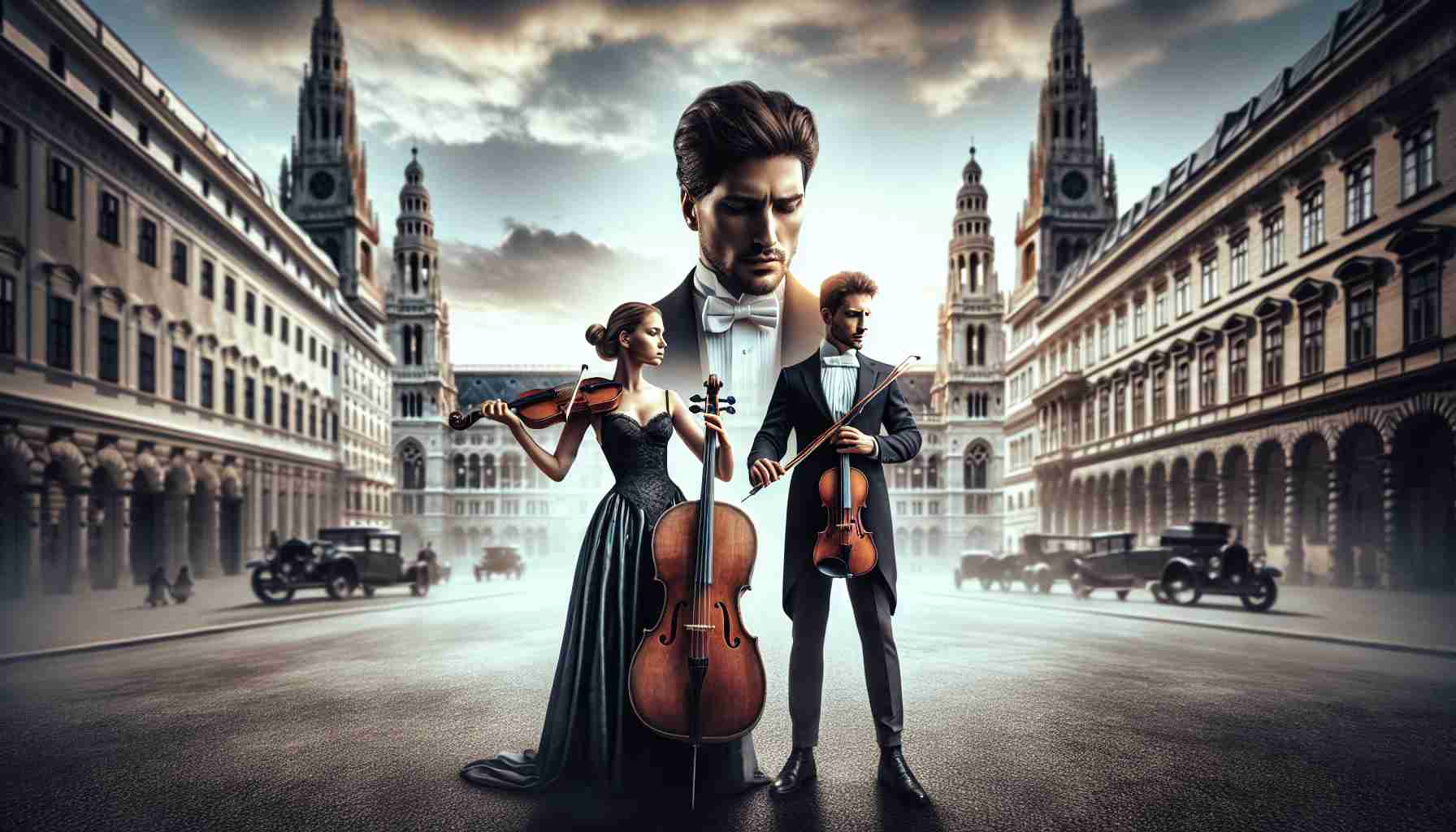 A high-definition, realistic image of an unseen rivalry. Depict a high-stakes scene in a classical cityscape resembling Vienna. Show two individuals who appear as rising stars, each prepared for competition. Perhaps both are musicians, one a Caucasian woman playing a cello, the other a Hispanic man with a violin. They are performing in an outdoor setting, the city's historical architecture in the background. The air is filled with the intensity of their rivalry and the shared passion they have for their craft.