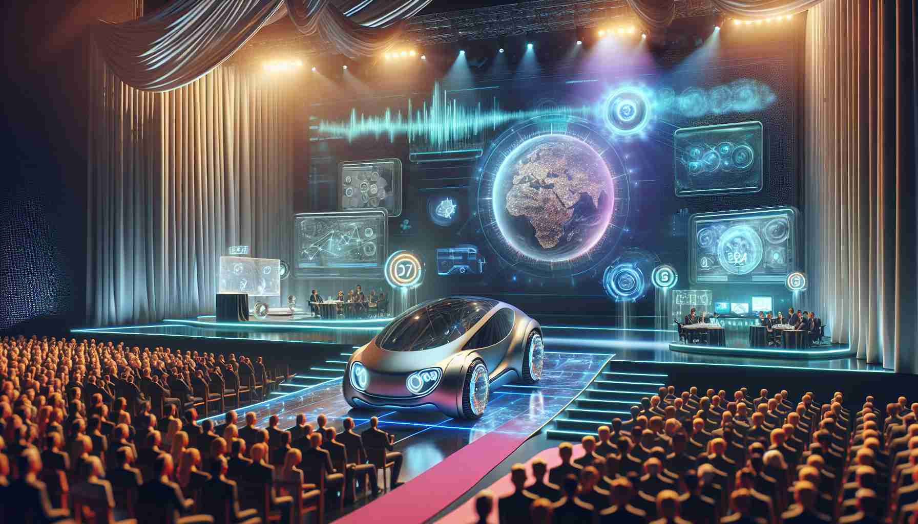 A realistic high-definition image showing a range of innovative inventions at an international awards ceremony. The inventions include a sleek, futuristic vehicle with advanced design, a high-tech computer interface that uses holography, and a novel medical device that promises ground-breaking health care advancements. The background is brimming with energy, with curious audiences, a large stage set against drapes, and spotlight beams cutting through the subtle haze, giving a palpable sense of anticipation and excitement.