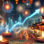 Realistic HD image of a stock market graph showing an unexpected upward trend close to Diwali, symbolizing the rebound of Indian markets. The graph is overlaid on a background showing a celebratory Diwali scene with lit diyas and fireworks in the sky.