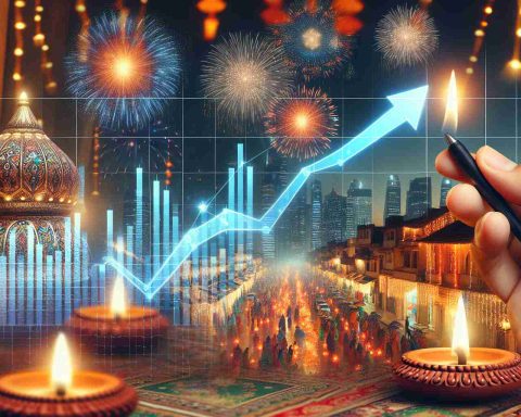 Realistic HD image of a stock market graph showing an unexpected upward trend close to Diwali, symbolizing the rebound of Indian markets. The graph is overlaid on a background showing a celebratory Diwali scene with lit diyas and fireworks in the sky.