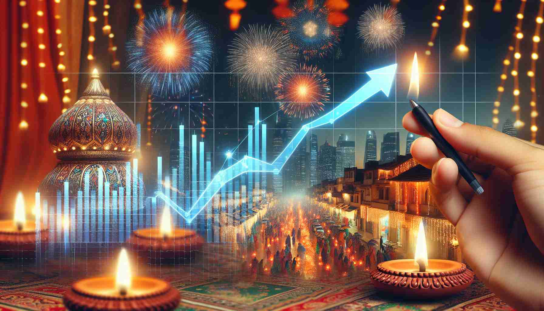 Realistic HD image of a stock market graph showing an unexpected upward trend close to Diwali, symbolizing the rebound of Indian markets. The graph is overlaid on a background showing a celebratory Diwali scene with lit diyas and fireworks in the sky.