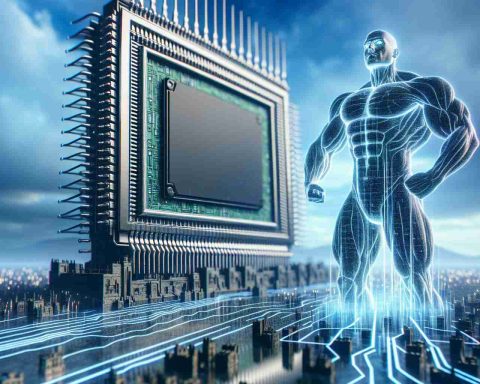 A large, intricate and detailed digital representation of a metaphorical semiconductor giant, standing tall and ready, against a backdrop of a rapidly changing industrial landscape. The scene embodies the concept of advancement and adaptability within the semiconductor industry.