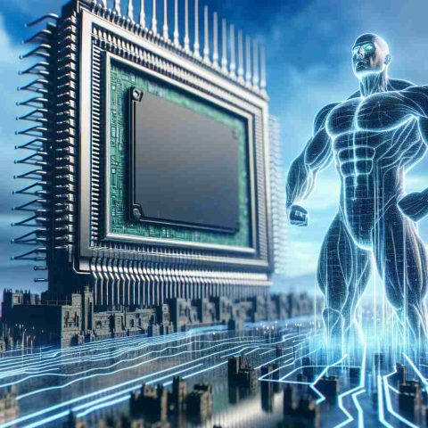 A large, intricate and detailed digital representation of a metaphorical semiconductor giant, standing tall and ready, against a backdrop of a rapidly changing industrial landscape. The scene embodies the concept of advancement and adaptability within the semiconductor industry.