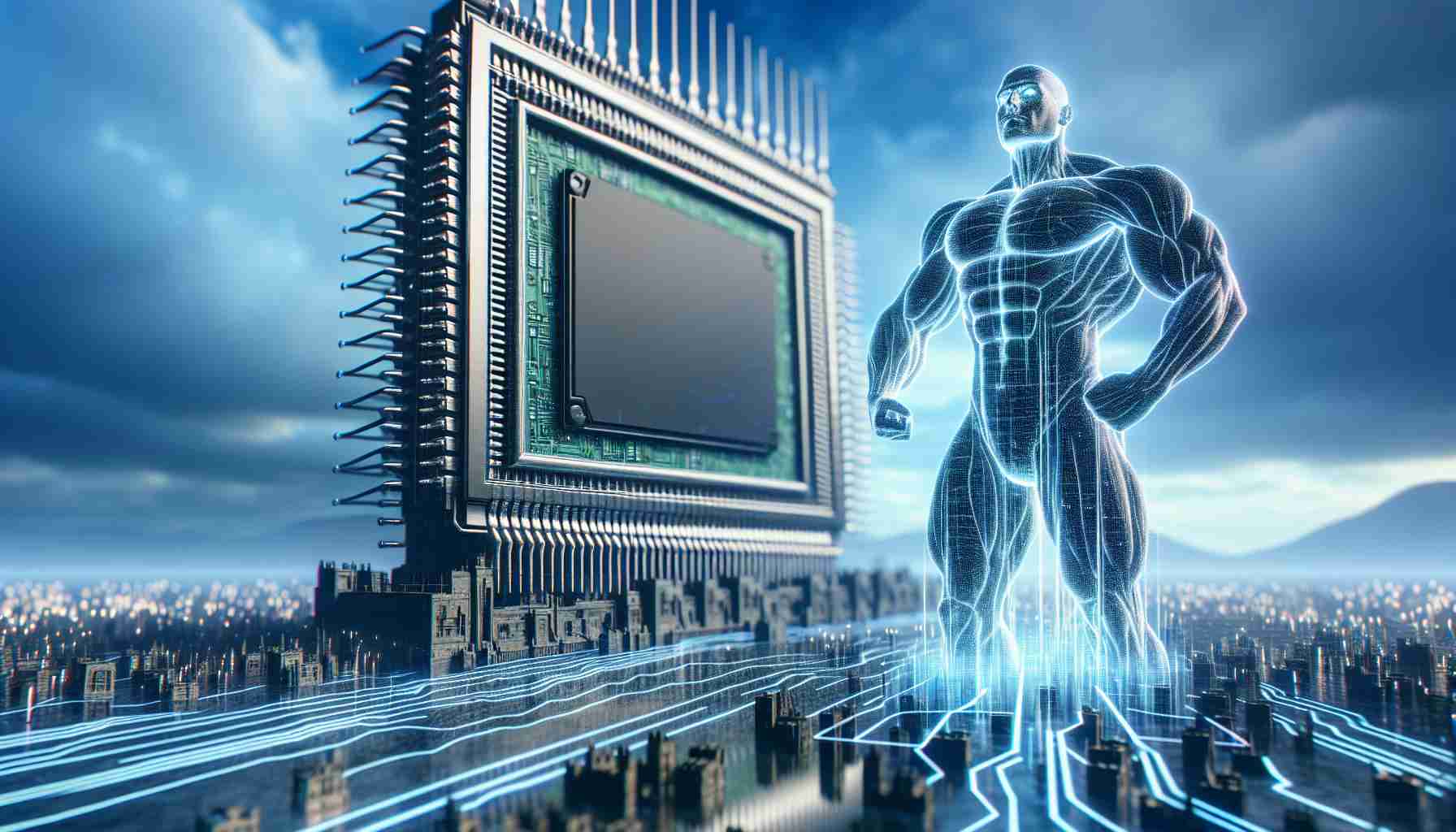 A large, intricate and detailed digital representation of a metaphorical semiconductor giant, standing tall and ready, against a backdrop of a rapidly changing industrial landscape. The scene embodies the concept of advancement and adaptability within the semiconductor industry.