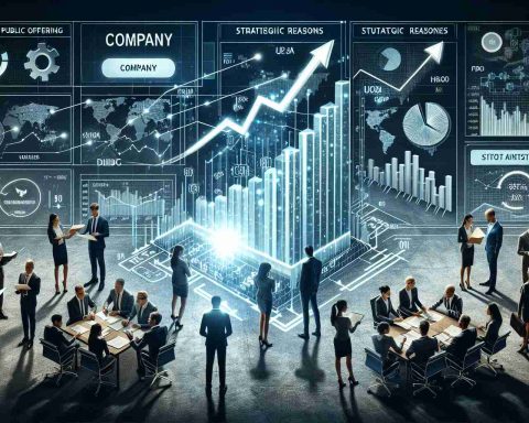 An illustrative and detailed representation of the process and strategic reasons behind a company going public. The image should show the various elements like a company embarking on new possibilities, labeled as 'company', a graph showing upward trajectory indicating the growth potential, a group of diverse (in terms of gender and race) investors or stakeholders examining documents, and the ticker tape running at the bottom showcasing real-time statistics. All elements collectively depict the concept of 'Initial Public Offering'. Make it as realistic and high-definition as possible.