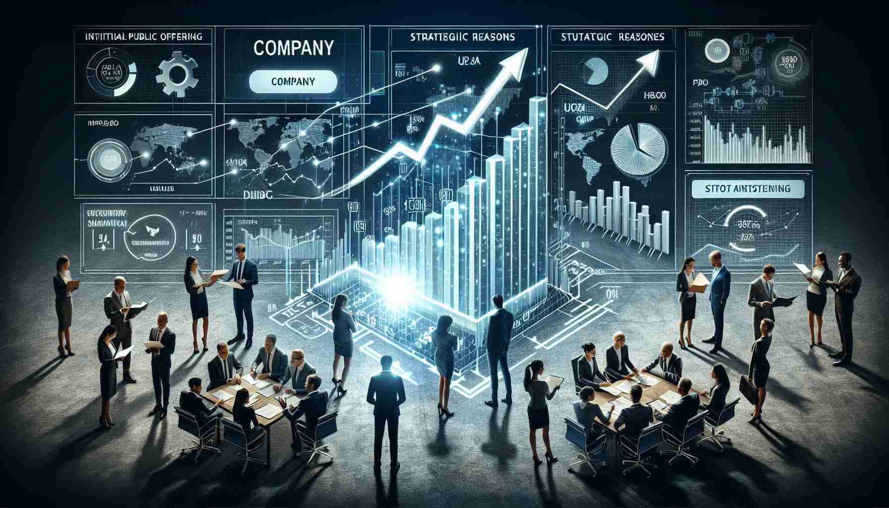 An illustrative and detailed representation of the process and strategic reasons behind a company going public. The image should show the various elements like a company embarking on new possibilities, labeled as 'company', a graph showing upward trajectory indicating the growth potential, a group of diverse (in terms of gender and race) investors or stakeholders examining documents, and the ticker tape running at the bottom showcasing real-time statistics. All elements collectively depict the concept of 'Initial Public Offering'. Make it as realistic and high-definition as possible.