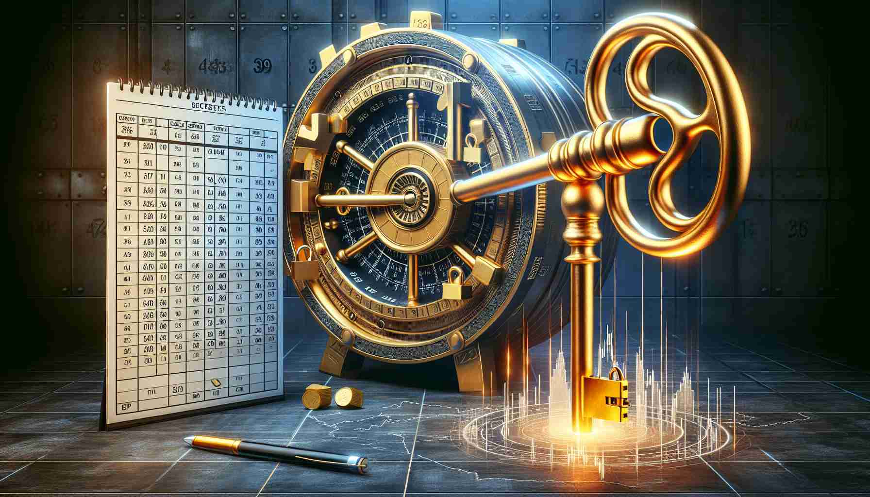 A high-definition, realistic image depicting a concept related to stock market game changers. The picture could include symbolism like a huge golden key unlocking a massive vault door, with the intricate details of the key and lock representing the intricacies of the stock market. Beside the vault door, there could be a calendar showing specific dates circled or highlighted, suggestive of the dates being crucial moments for the stock market. The overall atmosphere should hint at deciphering secrets and understanding the hidden patterns of financial markets.