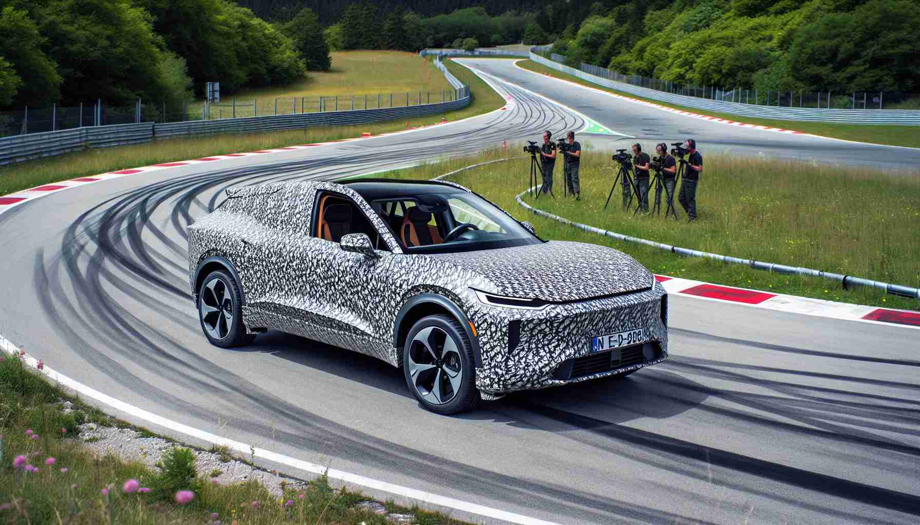 Generate a high-definition, realistic image of a new electric SUV model being tested on a closed track. The car is wrapped in camouflage patterned covering to hide its design before its official launch. The SUV has a sleek shape hinting at aerodynamic efficiency, with low ride height and large alloy wheels. The electric car is on a twisty track surrounded by greenery, and you can see engineers assessing its performance from a safe distance.