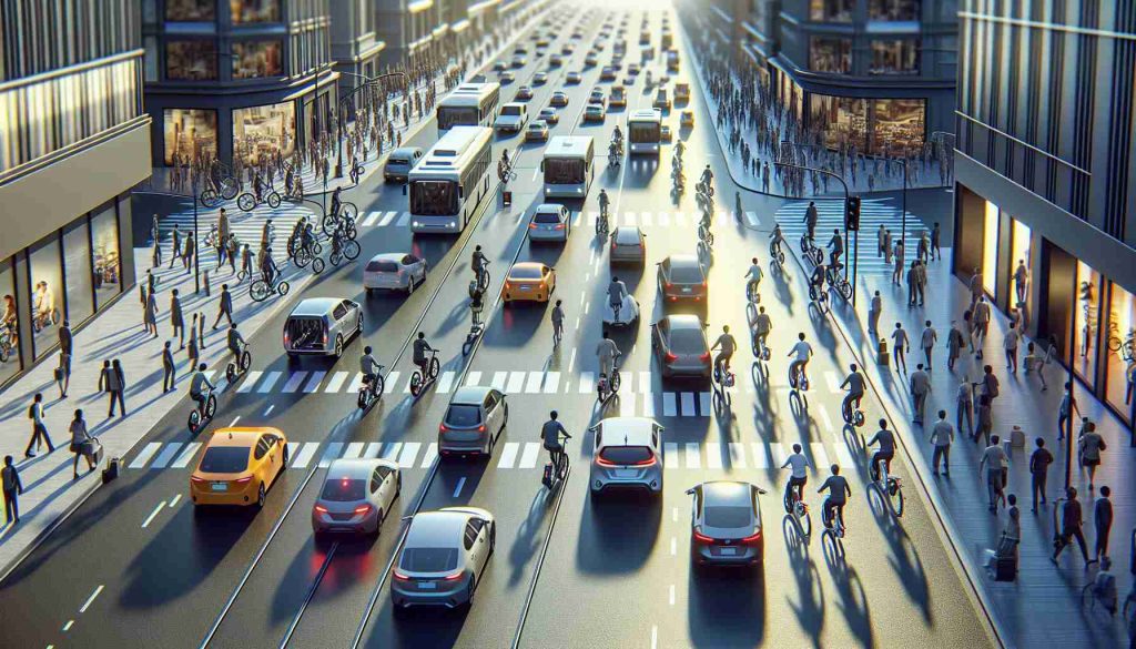 A high-definition, realistic image showcasing the impact of electric bicycles on urban mobility. Visualize an urban street, teeming with people of diverse descents and genders. Among the sea of cars, taxis, and buses, electric bicycles occupy a substantial space, indicating their increasing popularity. Render these bicycles with signature characteristics, like a small motor, battery, and pedal system. Create a detailed scene with interactive elements like traffic signals and crosswalks. This image should convey an eco-friendly future, where electric bicycles facilitate smoother, affordable, and sustainable commutes.