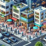 A highly detailed, high-definition image showcasing how electric vehicle chargers are revolutionizing local businesses. The scene includes an urban cityscape with a range of local businesses: a small cafe where customers are dining, a bookshop with people browsing books, and a convenience store. In front of each business are charging stations for electric vehicles, with a diverse group of people plugging in their eco-friendly cars. There's a clear illustration of the positive impact these charging stations are making: the businesses are bustling with customers, the atmosphere is vibrant, and the streets are filled with sustainable, electric vehicles.