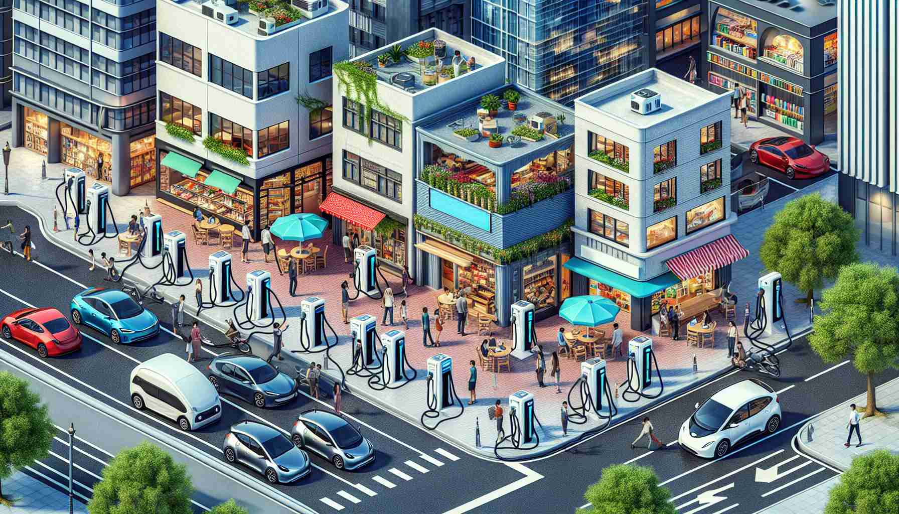 A highly detailed, high-definition image showcasing how electric vehicle chargers are revolutionizing local businesses. The scene includes an urban cityscape with a range of local businesses: a small cafe where customers are dining, a bookshop with people browsing books, and a convenience store. In front of each business are charging stations for electric vehicles, with a diverse group of people plugging in their eco-friendly cars. There's a clear illustration of the positive impact these charging stations are making: the businesses are bustling with customers, the atmosphere is vibrant, and the streets are filled with sustainable, electric vehicles.