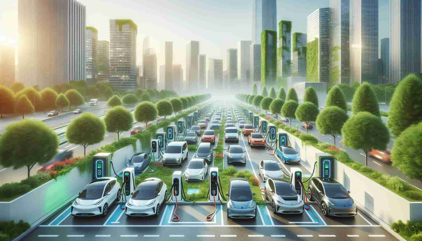 Generate a realistic, high-definition image showcasing a thriving environment centered around electric vehicle charging facilities. The image should illustrate a forward-thinking cityscape teeming with cutting-edge, eco-friendly infrastructure. Show multiple electric vehicles, of varying models and colors, being charged at cutting-edge charging stations. Line the streets with lush greenery and sustainable, modern buildings to signify the essence of a revolutionary partnership that's leading to the revitalization of the EV charging landscape.