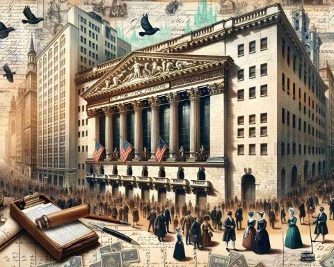 Generate a detailed, high-resolution image depicting the historical origin of the New York Stock Exchange. It should include the architecture of the period, people of different genders and descents, and an atmosphere of bustling commerce. It is suggested to include elements such as handwritten stocks, antique ledgers, and quill pens.