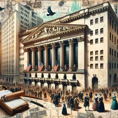 Generate a detailed, high-resolution image depicting the historical origin of the New York Stock Exchange. It should include the architecture of the period, people of different genders and descents, and an atmosphere of bustling commerce. It is suggested to include elements such as handwritten stocks, antique ledgers, and quill pens.