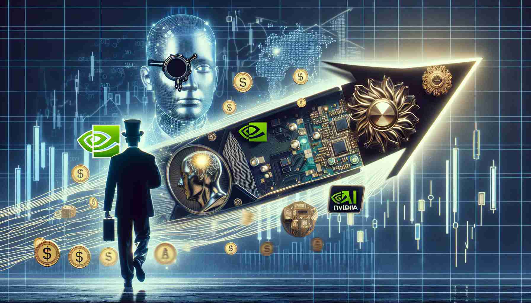 Realistic high-definition image representing the concept of billionaires shifting their focus from Nvidia to other Artificial Intelligence stocks. The picture should include symbolical elements such as stock market charts, AI logos, a transitioning arrow from the symbol of Nvidia to other corporate icons denoting AI companies. There should also be a symbolic representation of billionaires like a top-hat or a monocle, without portraying any specific person. The overall scene should convey a dynamic shift in the investment landscape.