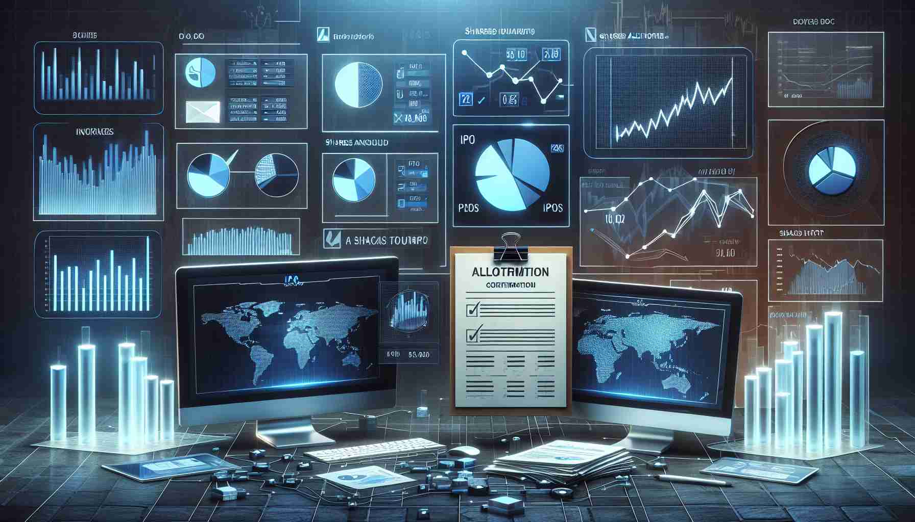 A high-definition, photorealistic image illustrating the concept of investing in an Initial Public Offering (IPO). This includes various finance-related infographic elements such as bar graphs, pie charts, line graphs, and computer screens displaying stock market data. Additionally, a stylized depiction of a checklist or document indicating shares allotment confirmation is prominently placed.