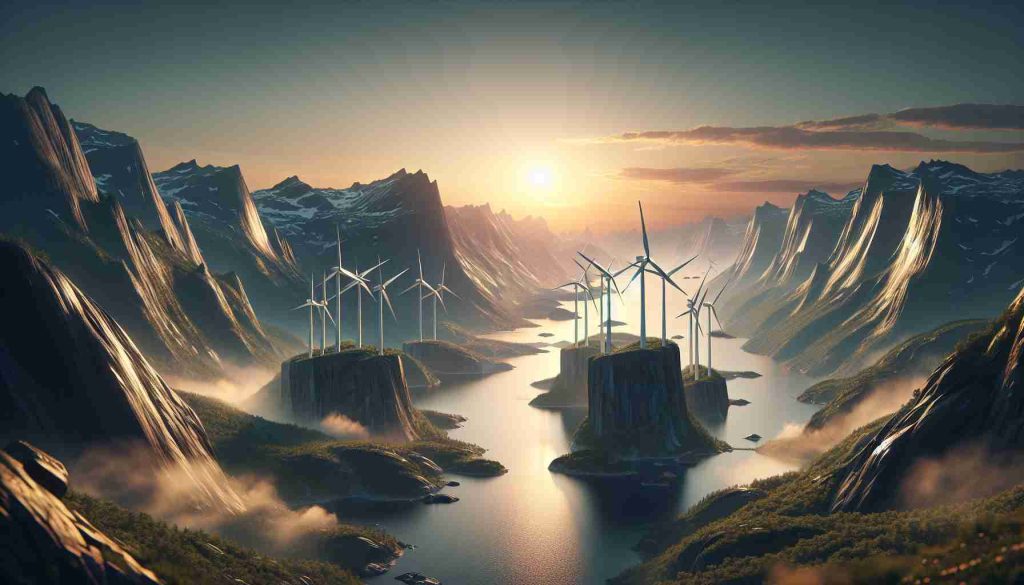 Create a high-definition, photorealistic image of a Nordics landscape in Norway, featuring its majestic fjords, rugged mountains, and translucent lakes. Intricately integrated into the setting are contemporary wind turbines, symbolizing the upcoming innovation in wind energy. The turbines are effortlessly perched within the landscape, harnessing the wild energy of the wind, leaving a trail of sustainable possibilities for the future. Illuminated by a radiant sunset, the scene holds a promise of persistent progress in sustainable energy.