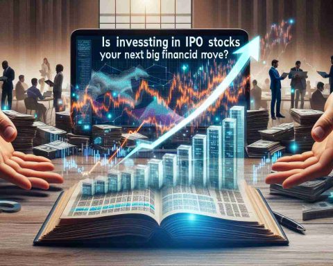 A HD quality, realistic image showcasing the concept of investing in Initial Public Offering (IPO) stocks as an important financial move. The scene can involve a Layered pile of diverse IPO prospectuses on a wooden desk with a laptop displaying graphs of stock market growth open beside them, a dramatic soaring arrow symbolizing growth in the digital screen, and in the background persons of diverse descent busy analyzing financial data. A text overlay saying 'Is Investing in IPO Stocks Your Next Big Financial Move?' is stretched across the middle of the image.