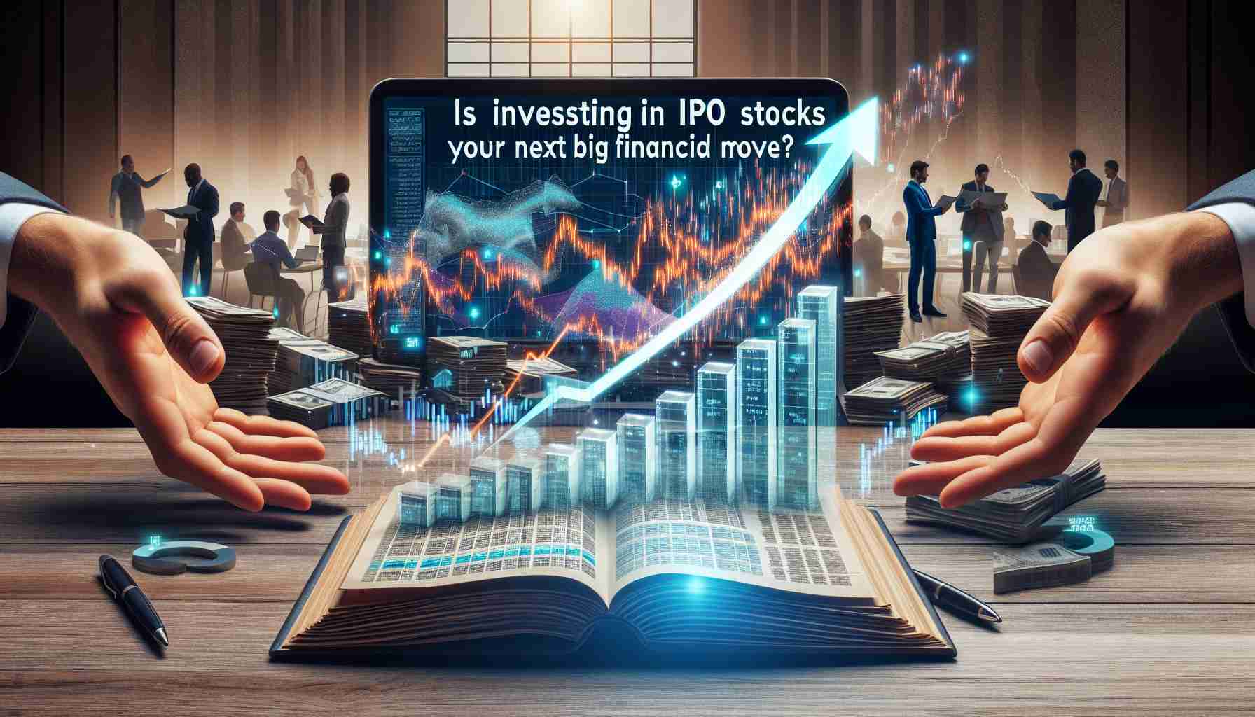 A HD quality, realistic image showcasing the concept of investing in Initial Public Offering (IPO) stocks as an important financial move. The scene can involve a Layered pile of diverse IPO prospectuses on a wooden desk with a laptop displaying graphs of stock market growth open beside them, a dramatic soaring arrow symbolizing growth in the digital screen, and in the background persons of diverse descent busy analyzing financial data. A text overlay saying 'Is Investing in IPO Stocks Your Next Big Financial Move?' is stretched across the middle of the image.