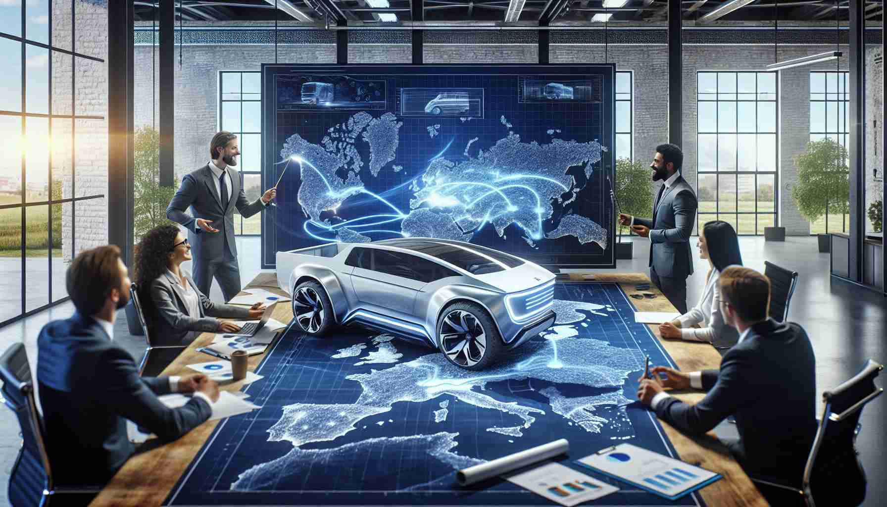 Visualize in high definition a conceptual representation of Stellantis' plan to revolutionize the European electric pickup market. Picture an office scene with a large blueprint spread over a table. On the blueprint, there's a futuristic electric pickup truck design, boasting sleek lines, innovative features, and environmentally-friendly engineering. Also add several ethnic diverse engineers (a Caucasian woman, a Middle-Eastern man, and a Black man), enthusiastically discussing the blueprint, indicating Stellantis' global team effort. In the background, display an abstract image of the European map, symbolizing Stellantis' target market.