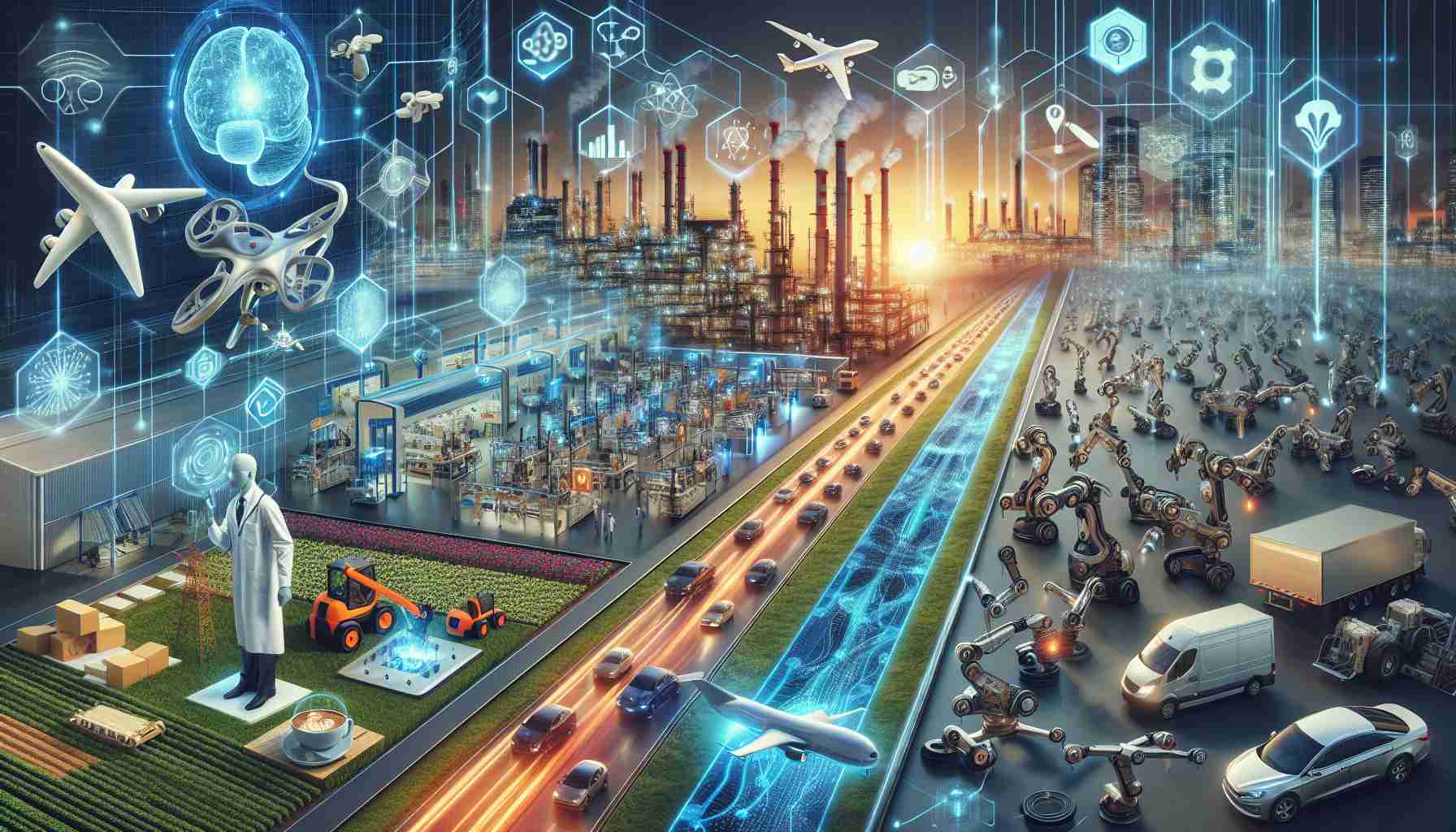 A highly detailed, HD quality image showcasing the transformative prowess of AI-driven innovations applied across various industries. The scene should capture multiple sectors such as healthcare with AI-powered diagnostic tools, manufacturing with robotic assembly lines, agriculture with drone-based crop monitoring systems, and the automotive industry with self-driving vehicles. The picture should ideally illustrate the impactful transition from traditional methods to the new AI-driven approaches.