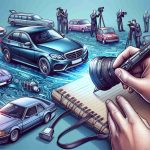 A high-definition, realistic illustration of an emerging, unidentified individual's journey in the world of automotive journalism. Capture subtle elements such as the fast-paced and technologically vibrant nature of the automotive industry, a notepad filled with notes from car launches, interviews, and reviews, and perhaps the individual standing amidst a range of modern and vintage cars, camera in hand, ready to document the next big thing in the automotive world.