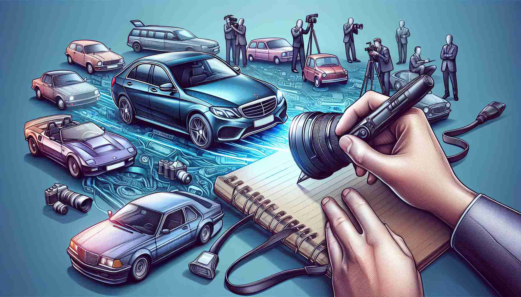 A high-definition, realistic illustration of an emerging, unidentified individual's journey in the world of automotive journalism. Capture subtle elements such as the fast-paced and technologically vibrant nature of the automotive industry, a notepad filled with notes from car launches, interviews, and reviews, and perhaps the individual standing amidst a range of modern and vintage cars, camera in hand, ready to document the next big thing in the automotive world.