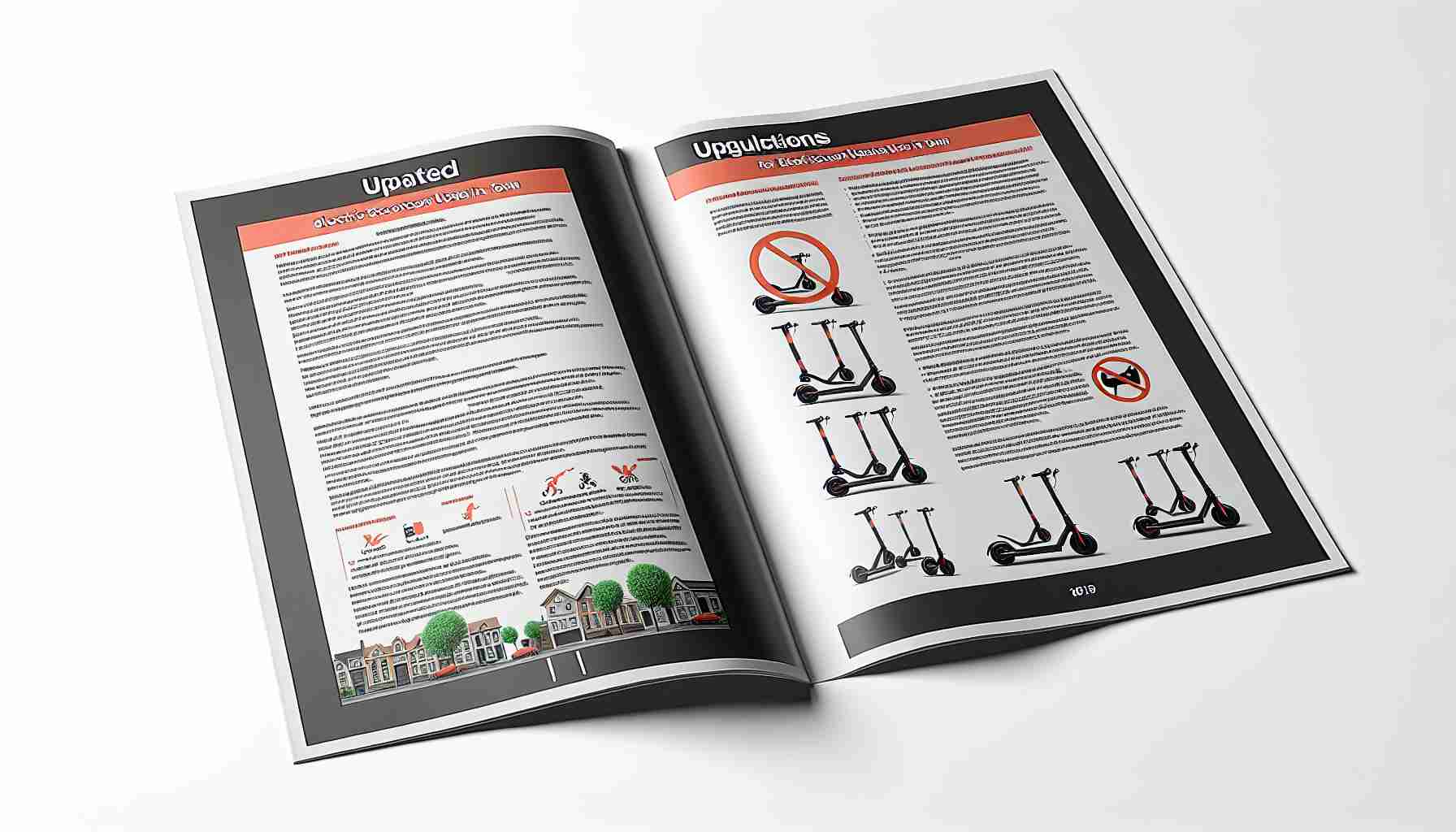 Generate a realistic HD image of a document titled 'Updated Regulations for Electric Scooter Usage in Town'. This document should be prominently displayed, clear and legible. The pages should be spread out, showing the cover page and a few of the internal pages with detailed guidelines regarding scooter usage. Include illustrations of electric scooters and safe rider behavior. The general tone should be formal and professional.