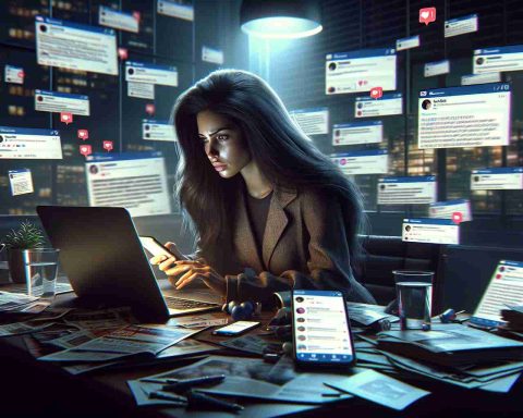 High-definition realistic illustration of a dramatic scene where a social media influencer, a Hispanic female with long dark hair, is dealing with the fallout of a leaked video. She is surrounded by the chaos of social media notifications, comments, and digital media reports displayed on her laptop and mobile phone. The room is dimly lit with the glow from her devices, showing her determination and resilience as she formulates a response.