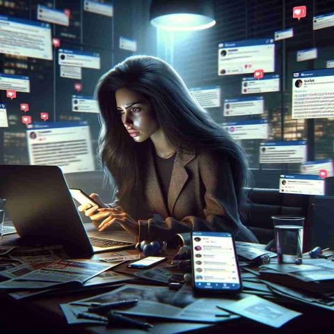 High-definition realistic illustration of a dramatic scene where a social media influencer, a Hispanic female with long dark hair, is dealing with the fallout of a leaked video. She is surrounded by the chaos of social media notifications, comments, and digital media reports displayed on her laptop and mobile phone. The room is dimly lit with the glow from her devices, showing her determination and resilience as she formulates a response.