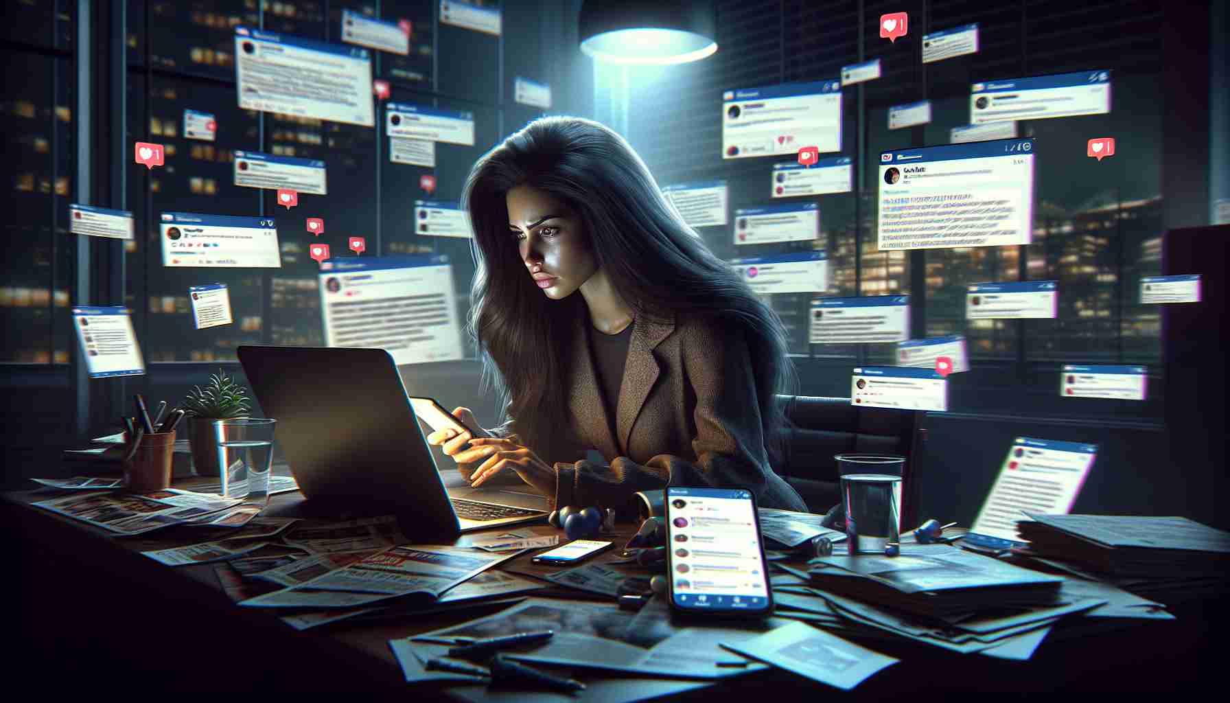 High-definition realistic illustration of a dramatic scene where a social media influencer, a Hispanic female with long dark hair, is dealing with the fallout of a leaked video. She is surrounded by the chaos of social media notifications, comments, and digital media reports displayed on her laptop and mobile phone. The room is dimly lit with the glow from her devices, showing her determination and resilience as she formulates a response.