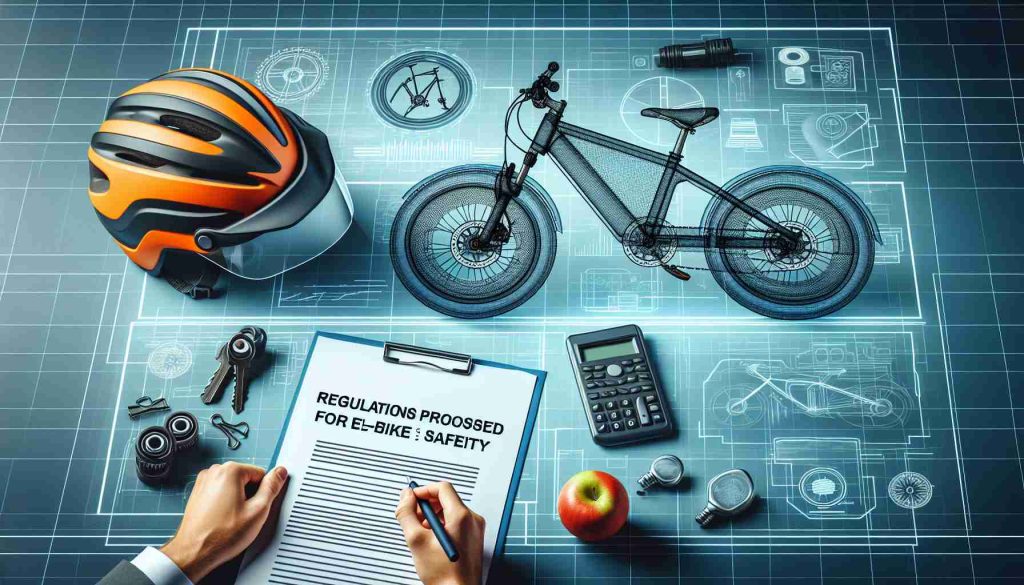 Generate a high-definition, realistic image suggesting 'New Regulations Proposed for E-Bike Safety'. This could include graphics such as an E-Bike blueprint, a safety helmet and some official-looking documents with related headlines.