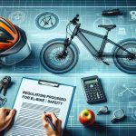 Generate a high-definition, realistic image suggesting 'New Regulations Proposed for E-Bike Safety'. This could include graphics such as an E-Bike blueprint, a safety helmet and some official-looking documents with related headlines.