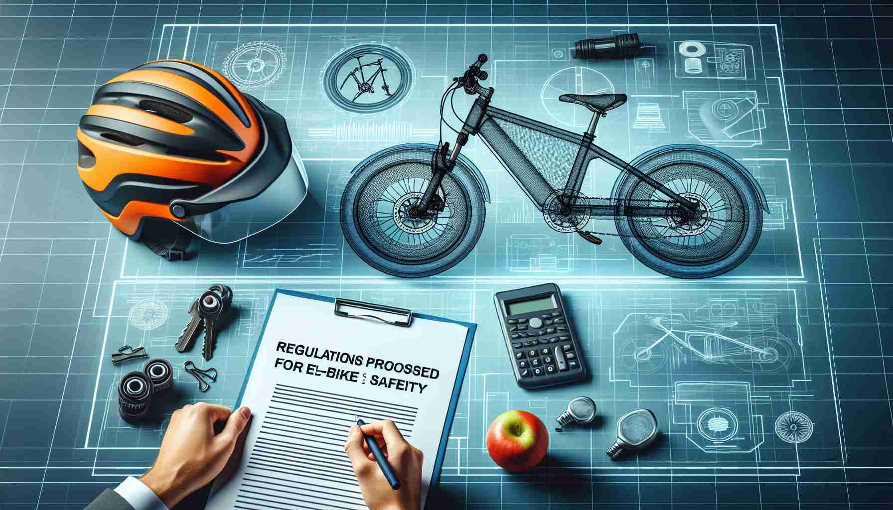 Generate a high-definition, realistic image suggesting 'New Regulations Proposed for E-Bike Safety'. This could include graphics such as an E-Bike blueprint, a safety helmet and some official-looking documents with related headlines.