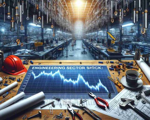 Illustrate a visual representation of a shocking downturn in the engineering sector's stock. The image should be a high-quality, realistic representation of a graph chart plummeting unexpectedly, indicating a sharp fall in the stocks. Create a contrast between the grim financial graph and the backdrop of an engineering workspace full of tools and blueprints, suggesting an unsettling surprise within the industry. The headlines read 'Engineering Sector Shock: Stock Takes a Bitter Turn You Didn’t See Coming'.