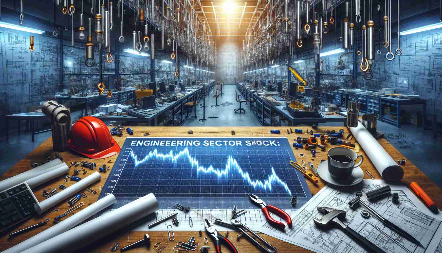 Illustrate a visual representation of a shocking downturn in the engineering sector's stock. The image should be a high-quality, realistic representation of a graph chart plummeting unexpectedly, indicating a sharp fall in the stocks. Create a contrast between the grim financial graph and the backdrop of an engineering workspace full of tools and blueprints, suggesting an unsettling surprise within the industry. The headlines read 'Engineering Sector Shock: Stock Takes a Bitter Turn You Didn’t See Coming'.