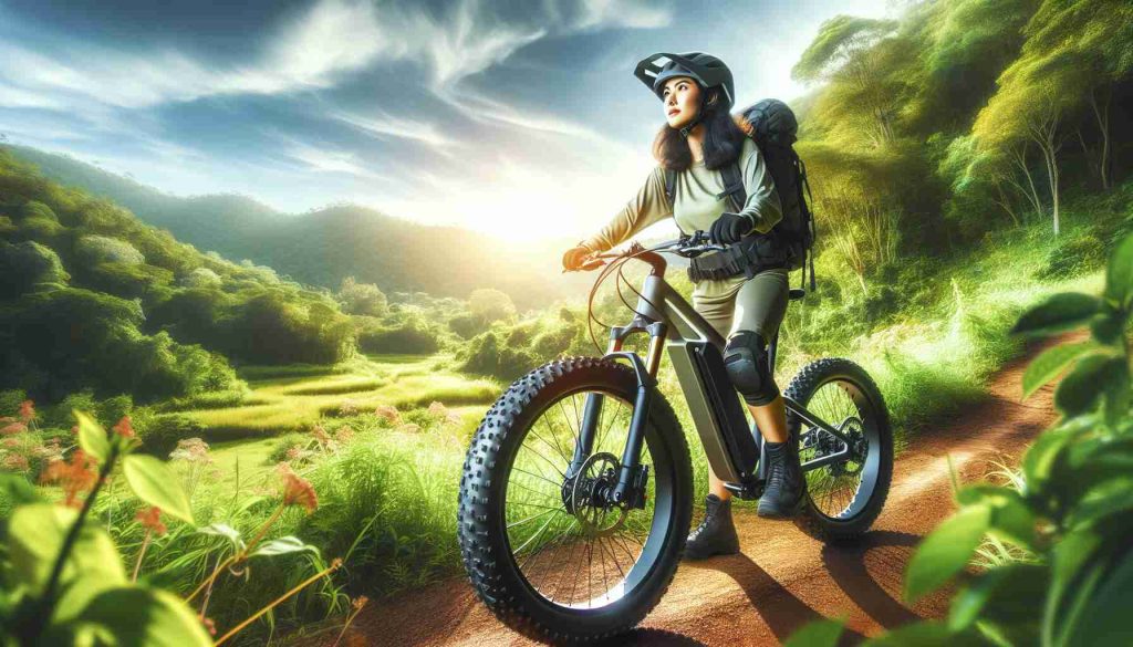 Realistic high-definition photo of a person wearing biking gear, immersed in the peace of nature, exploring outdoors using an advanced electric adventure bike. The bike has fat tires for rugged terrains and a powerful motor. The surrounding outdoor scene should have lush green vegetation reflecting vibrant vitality, and a clear blue sky overhead. The person, a South-Asian female, looks ahead with determination, ready to conquer the trail ahead.